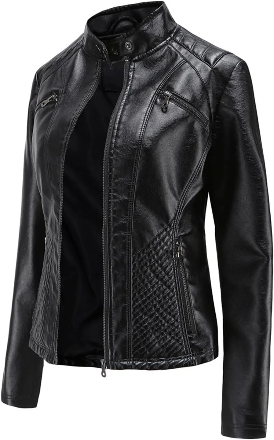 Faux Leather Jackets for Women UK PU Cropped Coats Full Zipper Stand Collar Tunics Windproof Waterproof Trench Coats
