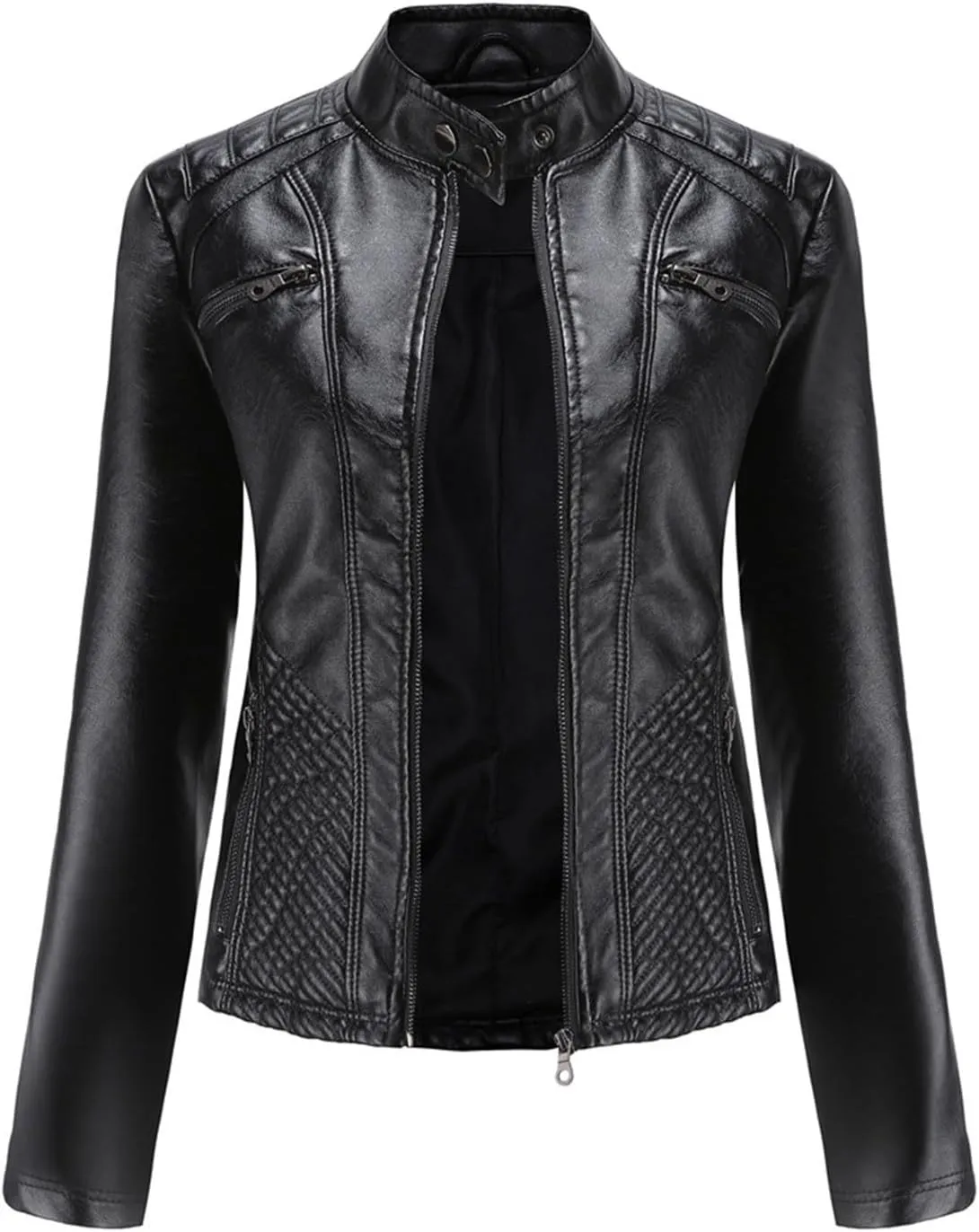 Faux Leather Jackets for Women UK PU Cropped Coats Full Zipper Stand Collar Tunics Windproof Waterproof Trench Coats