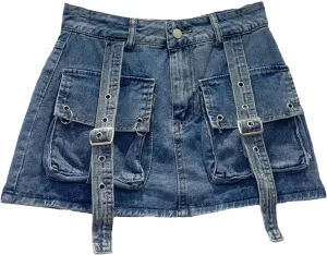 Female Cowboy Mini Denim Skirts Women High Waisted Button A-Line Skirt