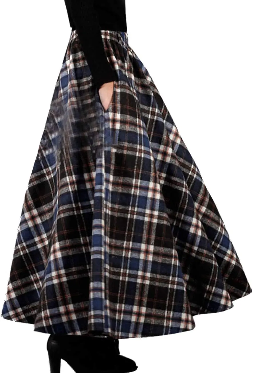 Femiserah Women's Elastic Waist A Line Long Maxi Plaid Wool Skirt Vintage Wool Skirt