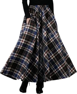 Femiserah Women's Elastic Waist A Line Long Maxi Plaid Wool Skirt Vintage Wool Skirt