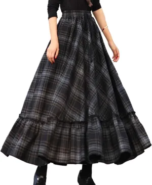 Femiserah Women's Elastic Waist A Line Long Maxi Plaid Wool Skirt Vintage Wool Skirt