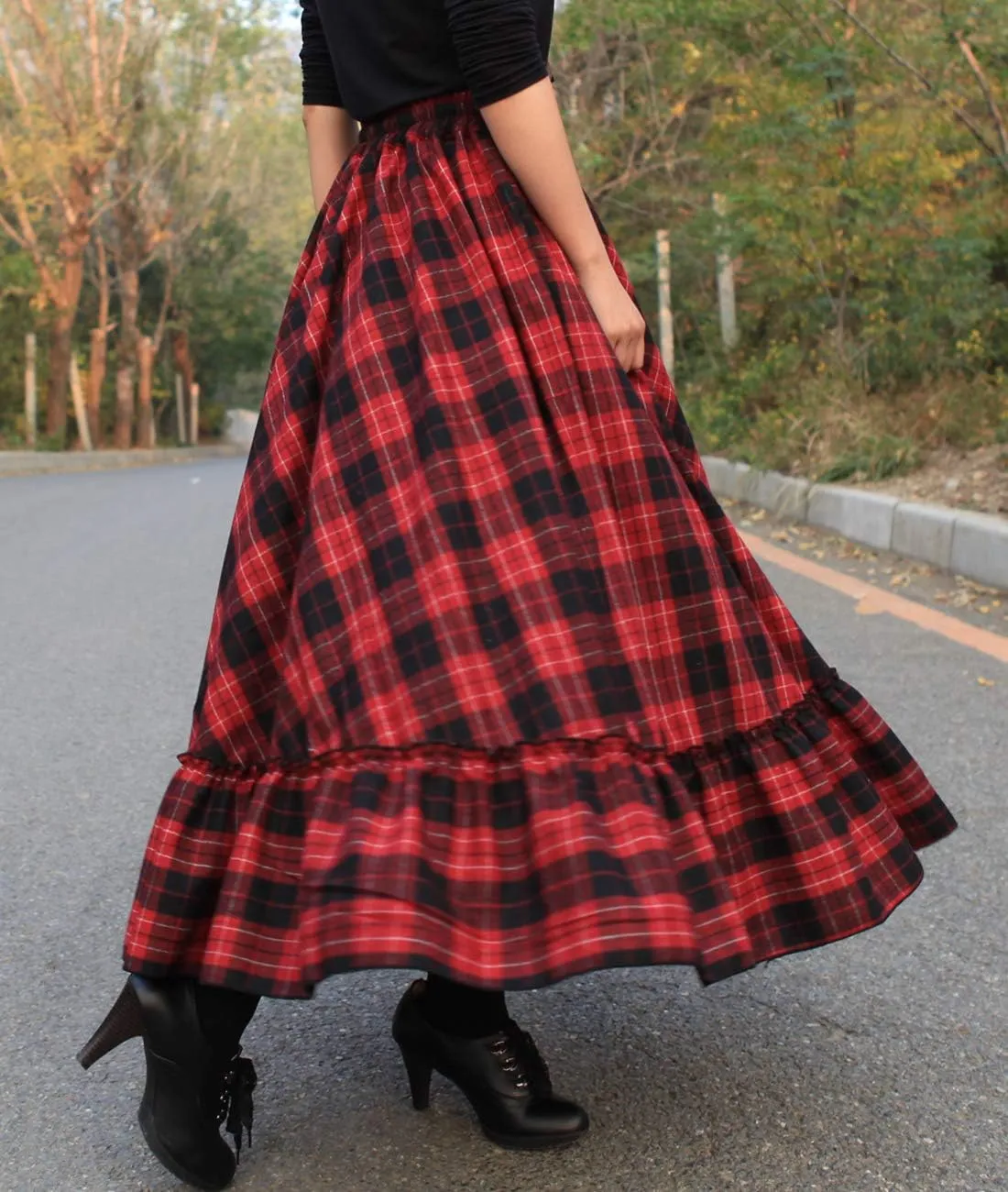 Femiserah Women's Elastic Waist A Line Long Maxi Plaid Wool Skirt Vintage Wool Skirt