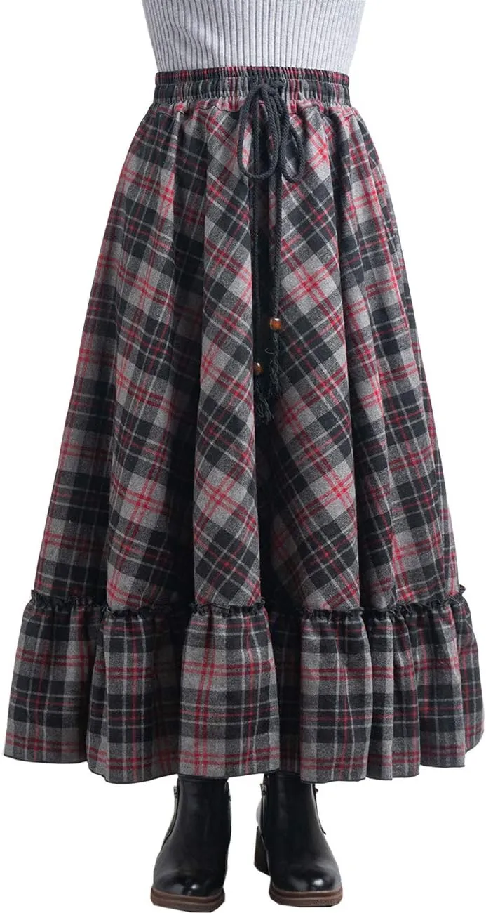 Femiserah Women's Elastic Waist A Line Long Maxi Plaid Wool Skirt Vintage Wool Skirt