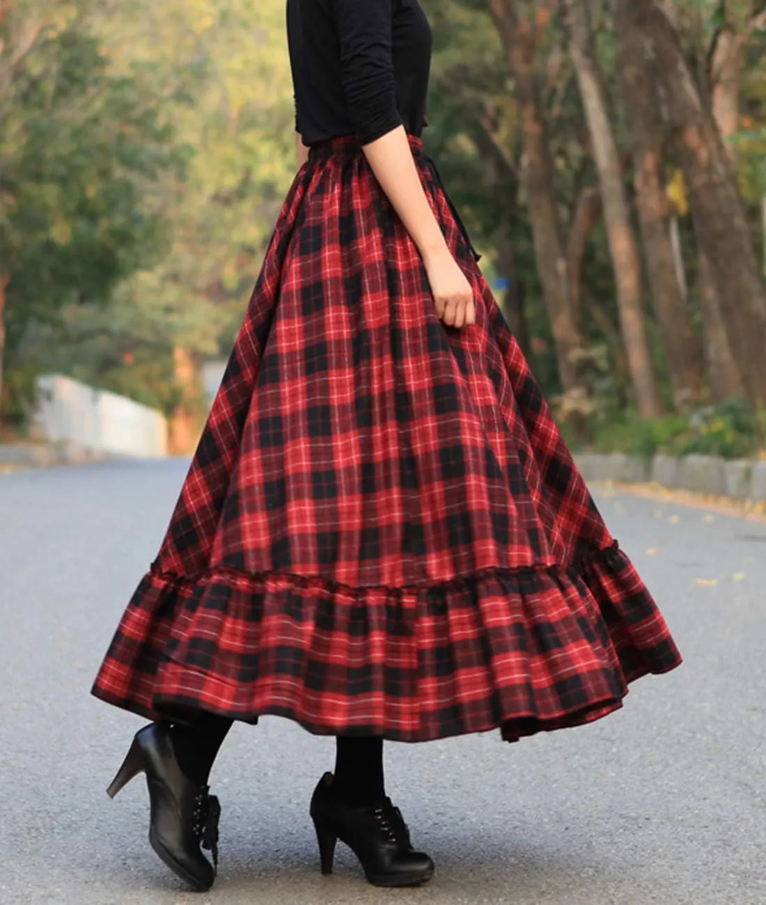 Femiserah Women's Elastic Waist A Line Long Maxi Plaid Wool Skirt Vintage Wool Skirt