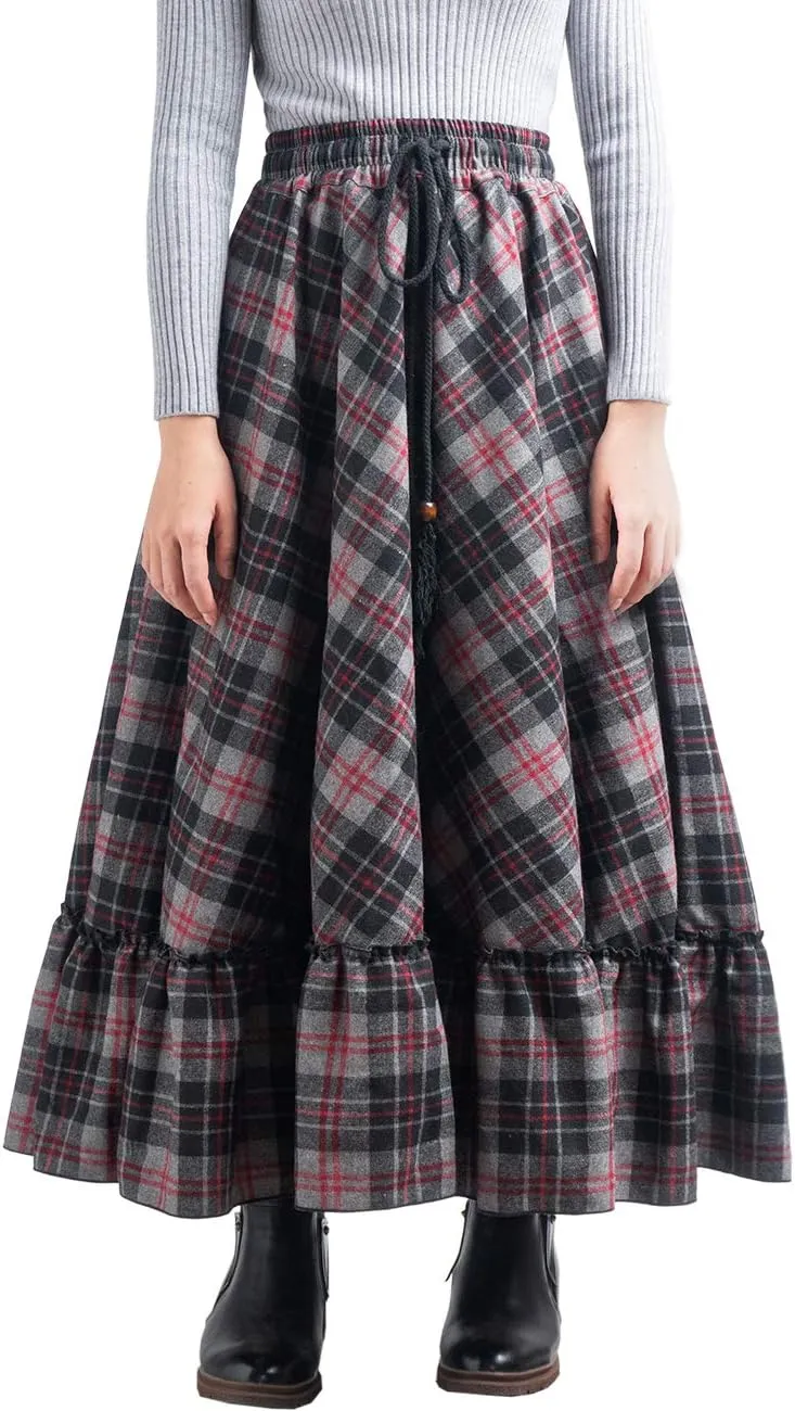 Femiserah Women's Elastic Waist A Line Long Maxi Plaid Wool Skirt Vintage Wool Skirt