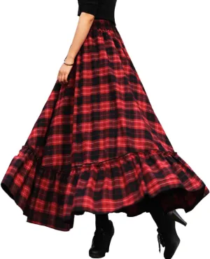 Femiserah Women's Elastic Waist A Line Long Maxi Plaid Wool Skirt Vintage Wool Skirt