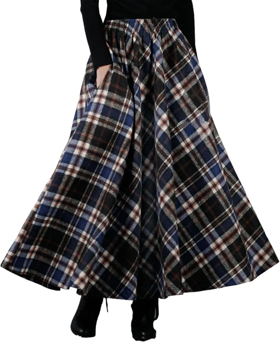Femiserah Women's Elastic Waist A Line Long Maxi Plaid Wool Skirt Vintage Wool Skirt