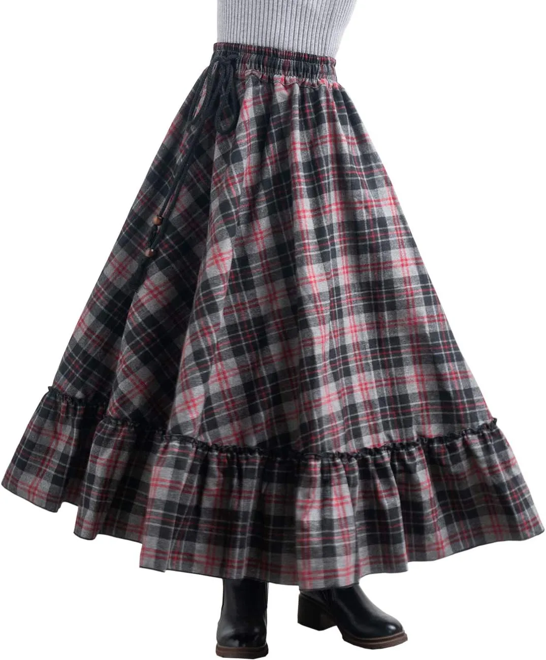 Femiserah Women's Elastic Waist A Line Long Maxi Plaid Wool Skirt Vintage Wool Skirt