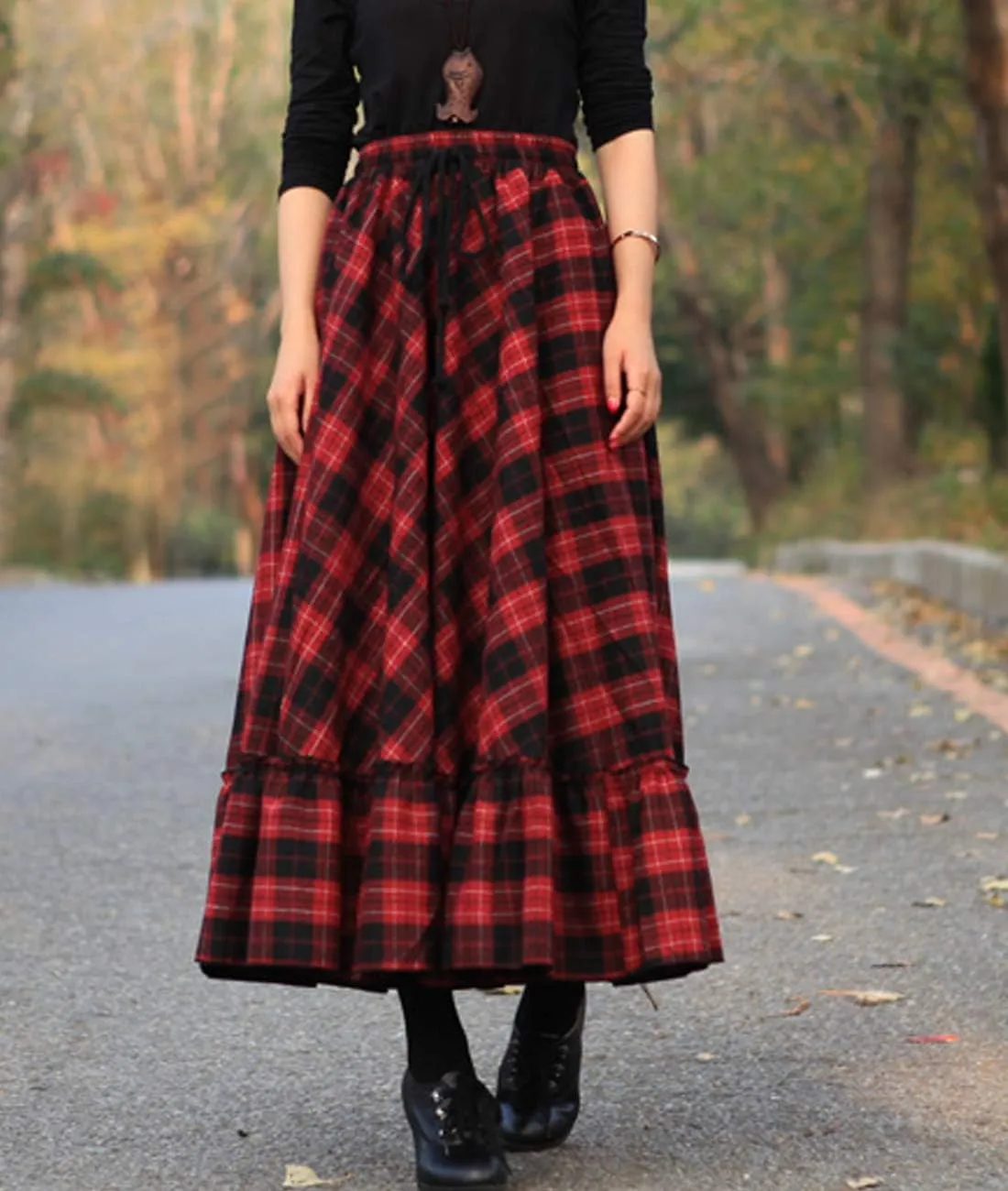Femiserah Women's Elastic Waist A Line Long Maxi Plaid Wool Skirt Vintage Wool Skirt