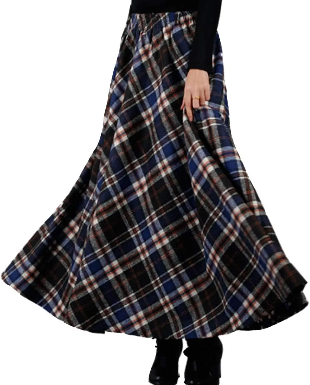 Femiserah Women's Elastic Waist A Line Long Maxi Plaid Wool Skirt Vintage Wool Skirt