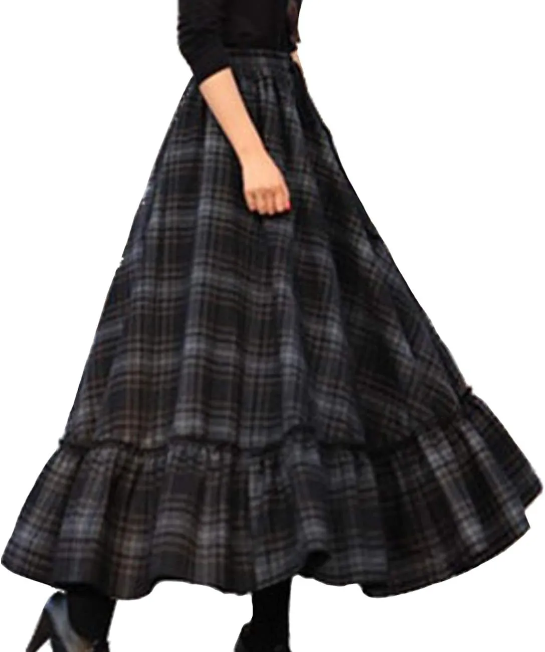 Femiserah Women's Elastic Waist A Line Long Maxi Plaid Wool Skirt Vintage Wool Skirt