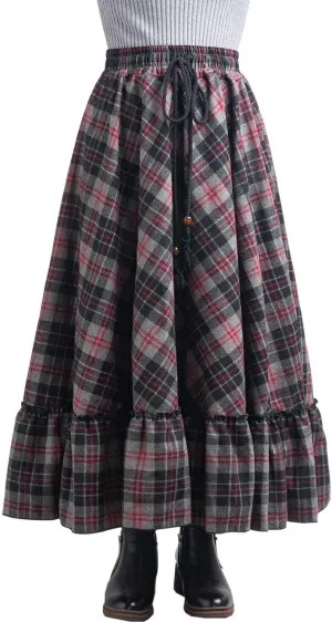 Femiserah Women's Elastic Waist A Line Long Maxi Plaid Wool Skirt Vintage Wool Skirt