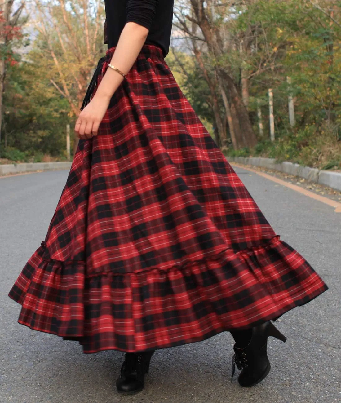 Femiserah Women's Elastic Waist A Line Long Maxi Plaid Wool Skirt Vintage Wool Skirt