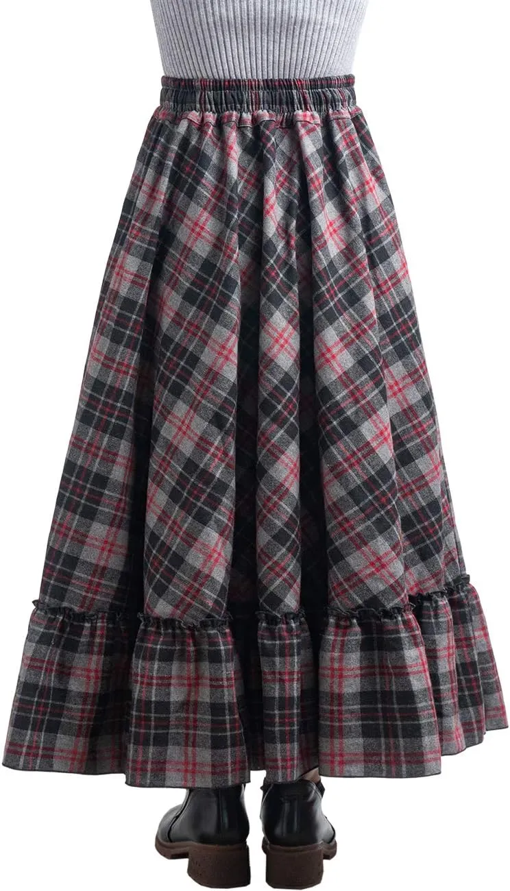 Femiserah Women's Elastic Waist A Line Long Maxi Plaid Wool Skirt Vintage Wool Skirt