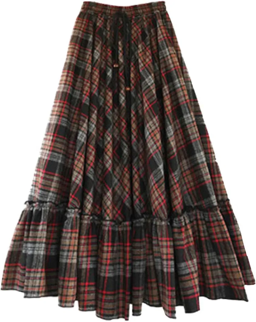 Femiserah Women's High Waist A Line Plaid Wool Skirt Long Maxi Ruffle Swing Skirt