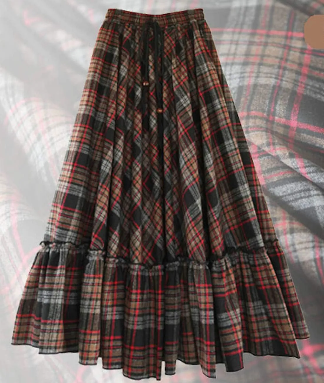 Femiserah Women's High Waist A Line Plaid Wool Skirt Long Maxi Ruffle Swing Skirt