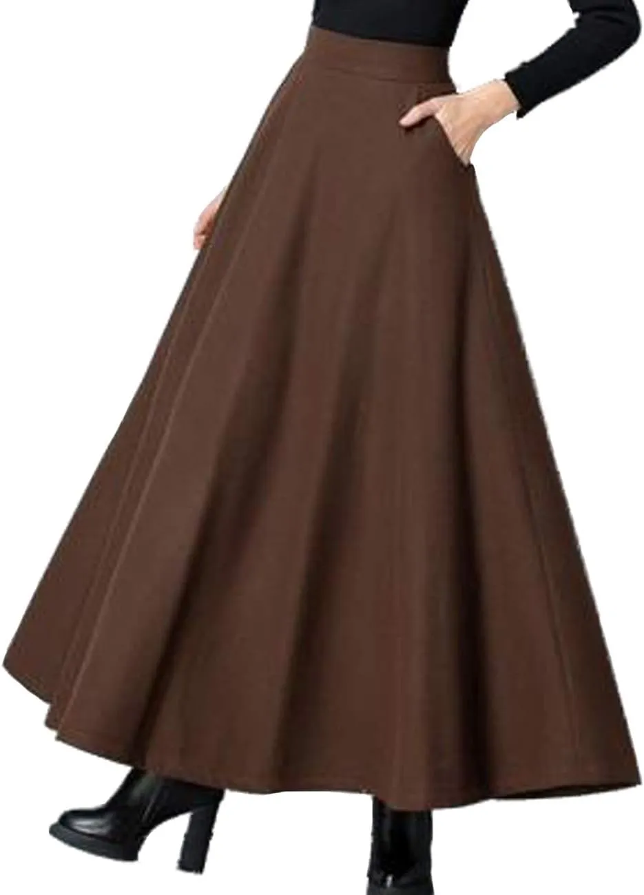 Femiserah Women's Long Maxi Woolen A Line Skirt Autumn Winter Plaid Skirt