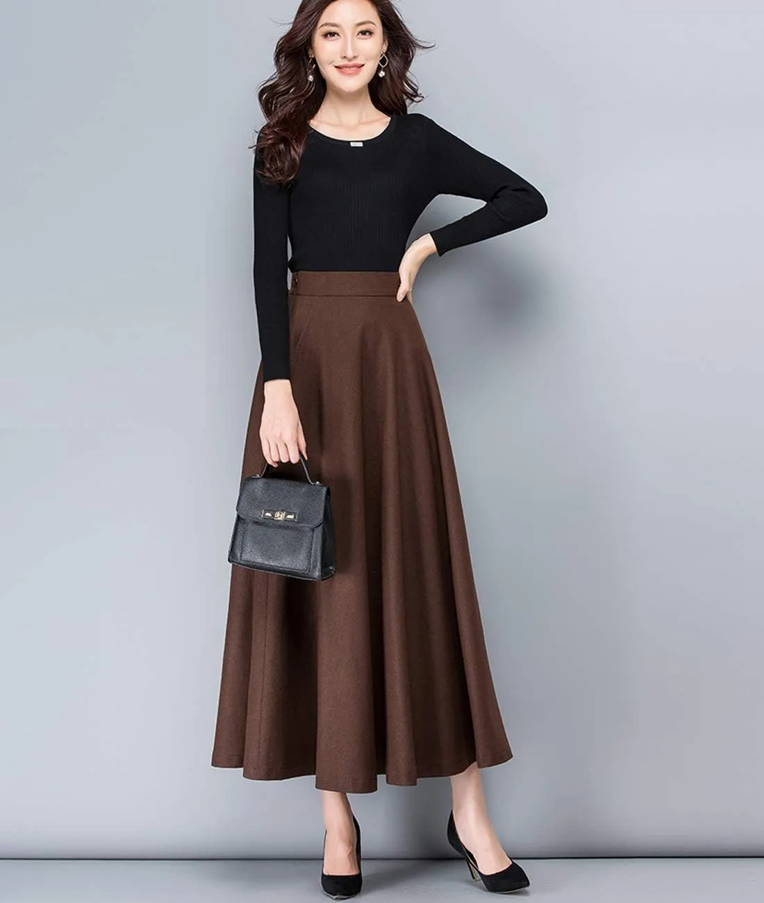 Femiserah Women's Long Maxi Woolen A Line Skirt Autumn Winter Plaid Skirt
