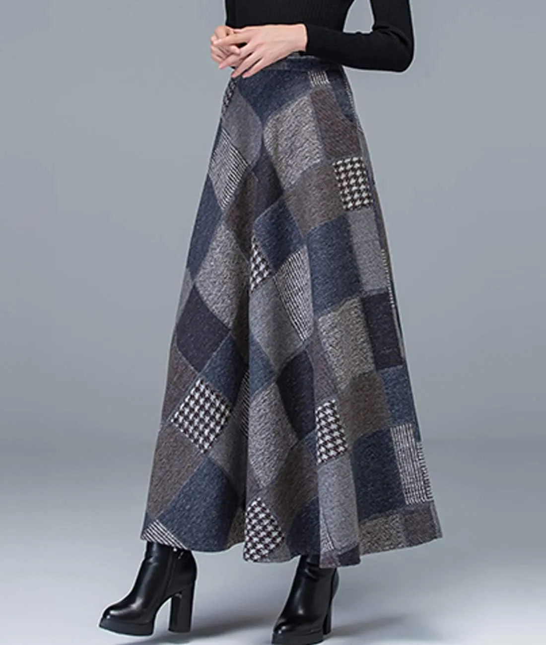 Femiserah Women's Long Maxi Woolen A Line Skirt Autumn Winter Plaid Skirt