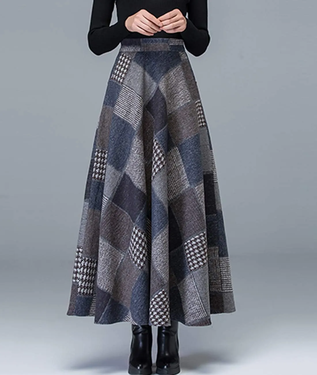 Femiserah Women's Long Maxi Woolen A Line Skirt Autumn Winter Plaid Skirt