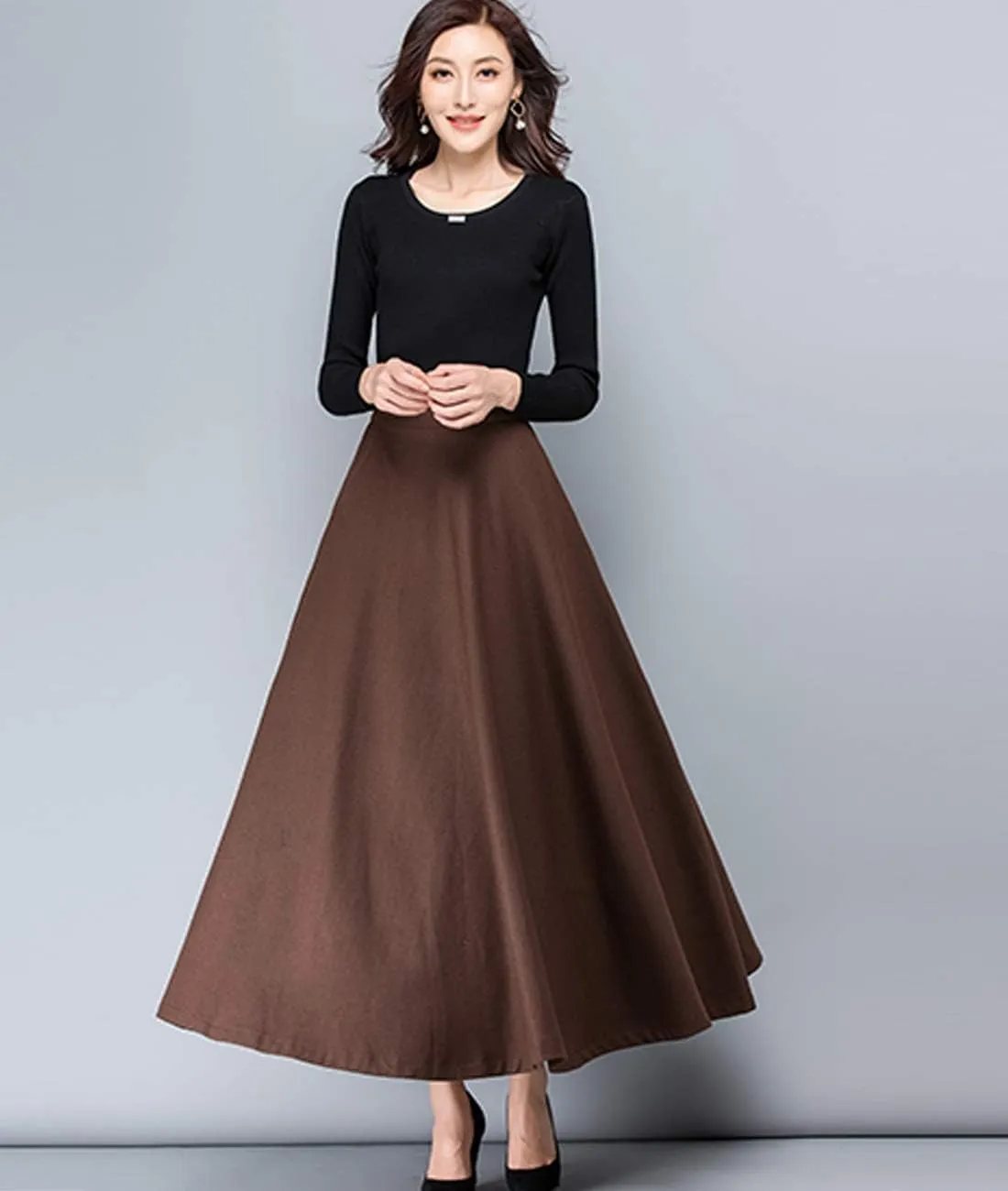 Femiserah Women's Long Maxi Woolen A Line Skirt Autumn Winter Plaid Skirt