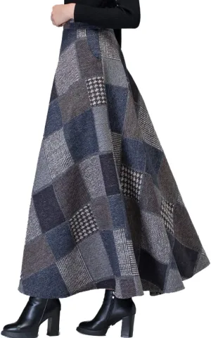 Femiserah Women's Long Maxi Woolen A Line Skirt Autumn Winter Plaid Skirt