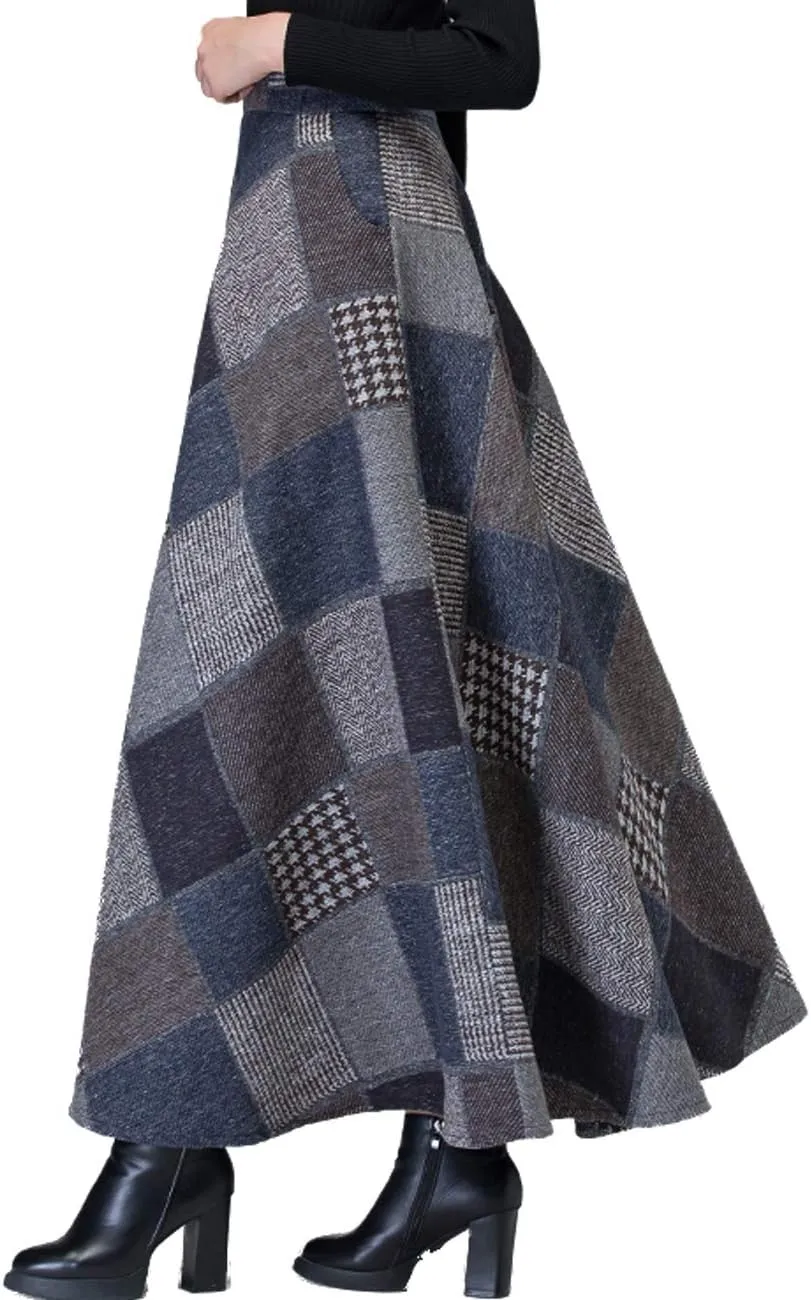 Femiserah Women's Long Maxi Woolen A Line Skirt Autumn Winter Plaid Skirt
