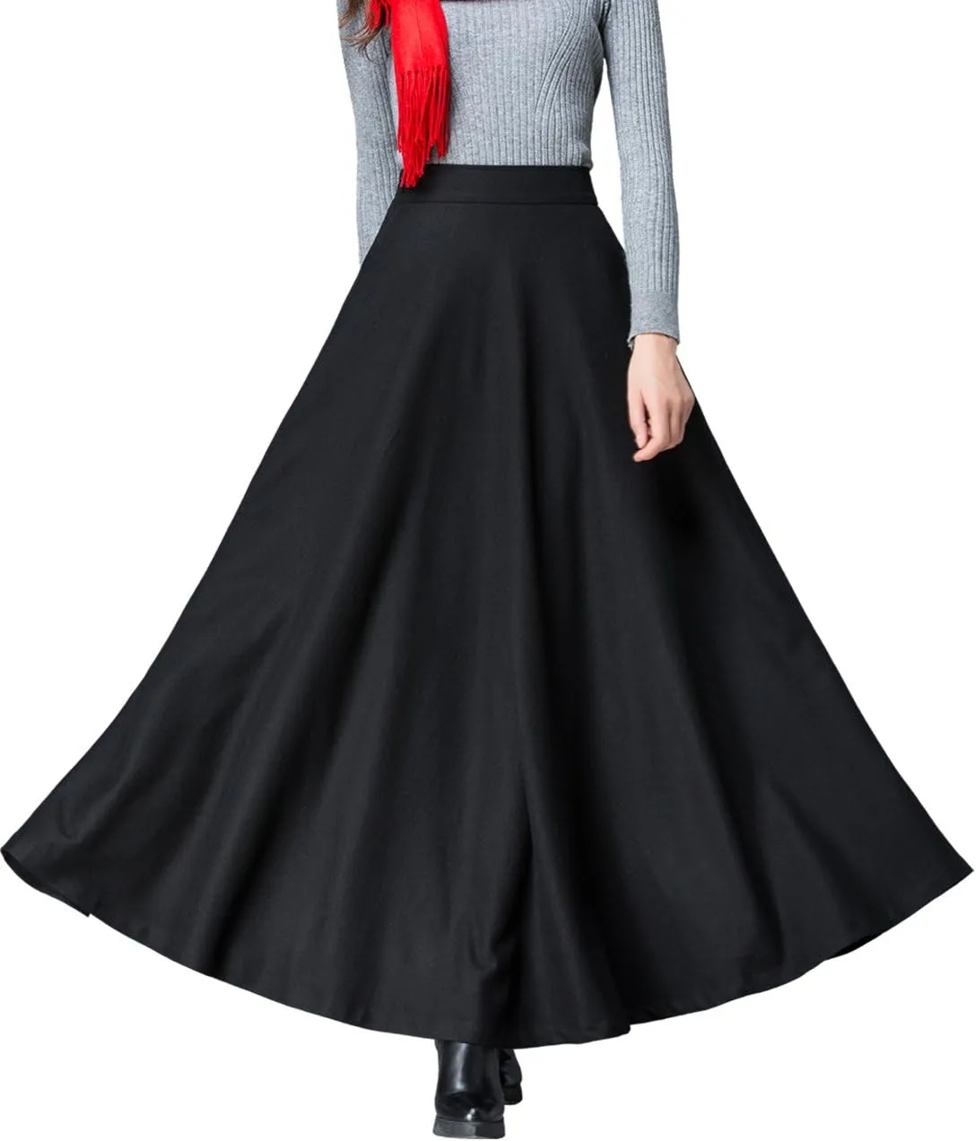 Femiserah Women's Long Maxi Woolen A Line Skirt Autumn Winter Plaid Skirt