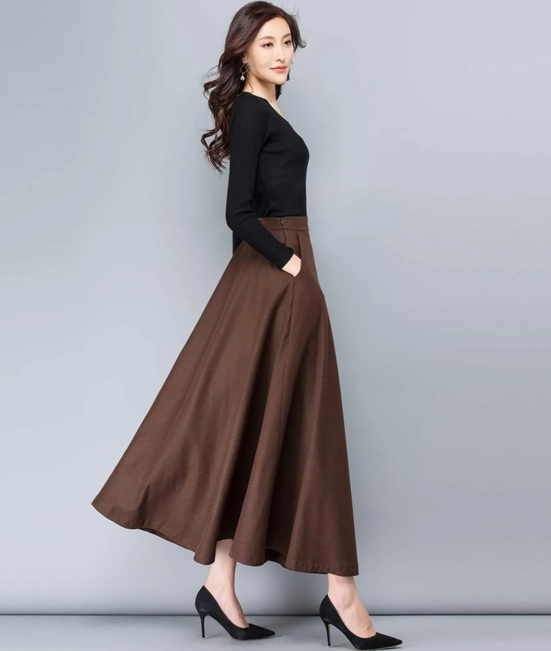 Femiserah Women's Long Maxi Woolen A Line Skirt Autumn Winter Plaid Skirt
