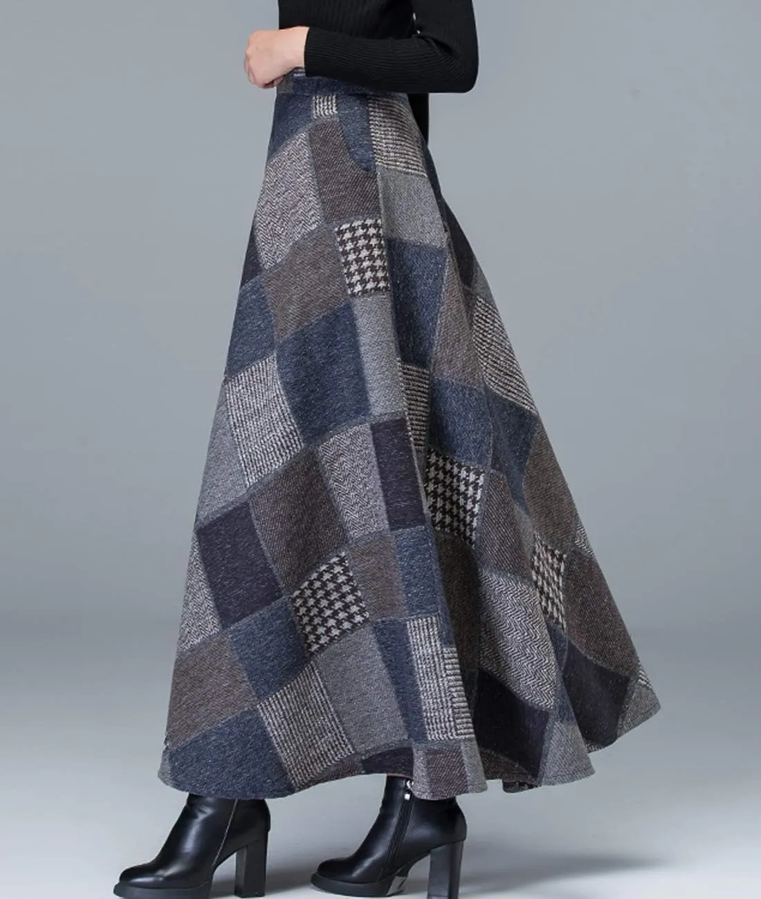 Femiserah Women's Long Maxi Woolen A Line Skirt Autumn Winter Plaid Skirt