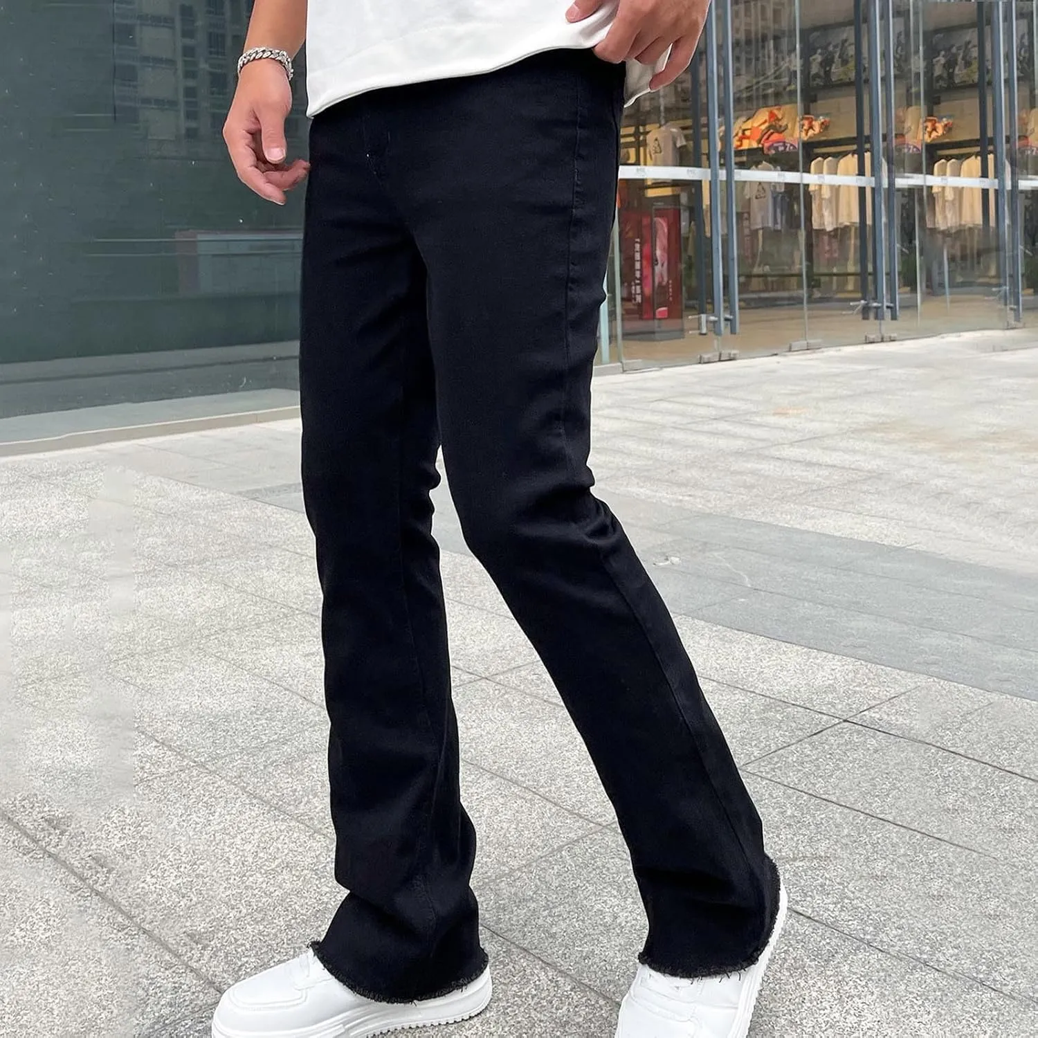 Finelylove Jeans for Men Stretch Fit Low Rise Bootcut Jeans Slim Fit Wash Denim Pants Fashion Streetwear Trousers