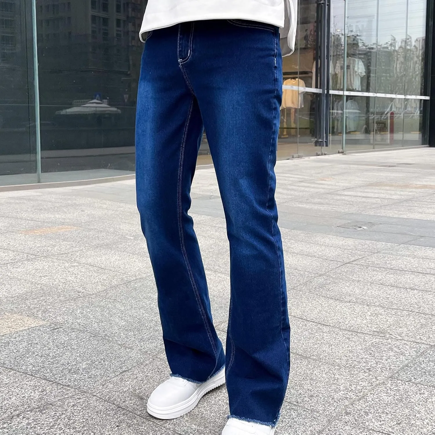 Finelylove Jeans for Men Stretch Fit Low Rise Bootcut Jeans Slim Fit Wash Denim Pants Fashion Streetwear Trousers