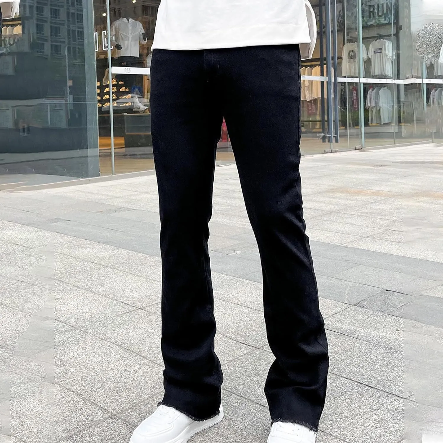 Finelylove Jeans for Men Stretch Fit Low Rise Bootcut Jeans Slim Fit Wash Denim Pants Fashion Streetwear Trousers