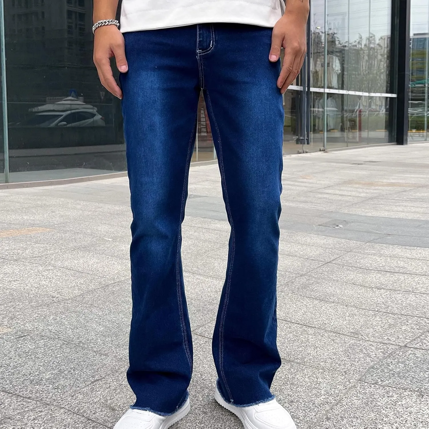 Finelylove Jeans for Men Stretch Fit Low Rise Bootcut Jeans Slim Fit Wash Denim Pants Fashion Streetwear Trousers