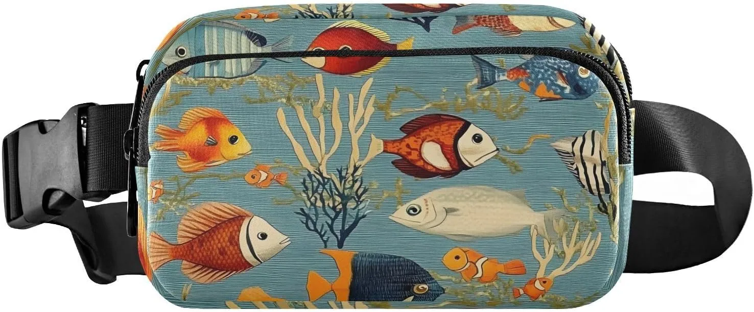 Fish Pattern Fanny Pack Water Resistant, Women Men Waist Pack Sling Bag Purse for Travel Hiking