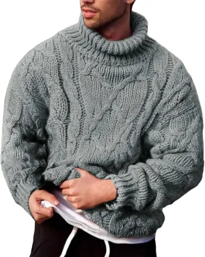 Fisherman Sweater Men's Turtleneck Chunky Knit Pullover Sweater Solid Color Pattern Sweater