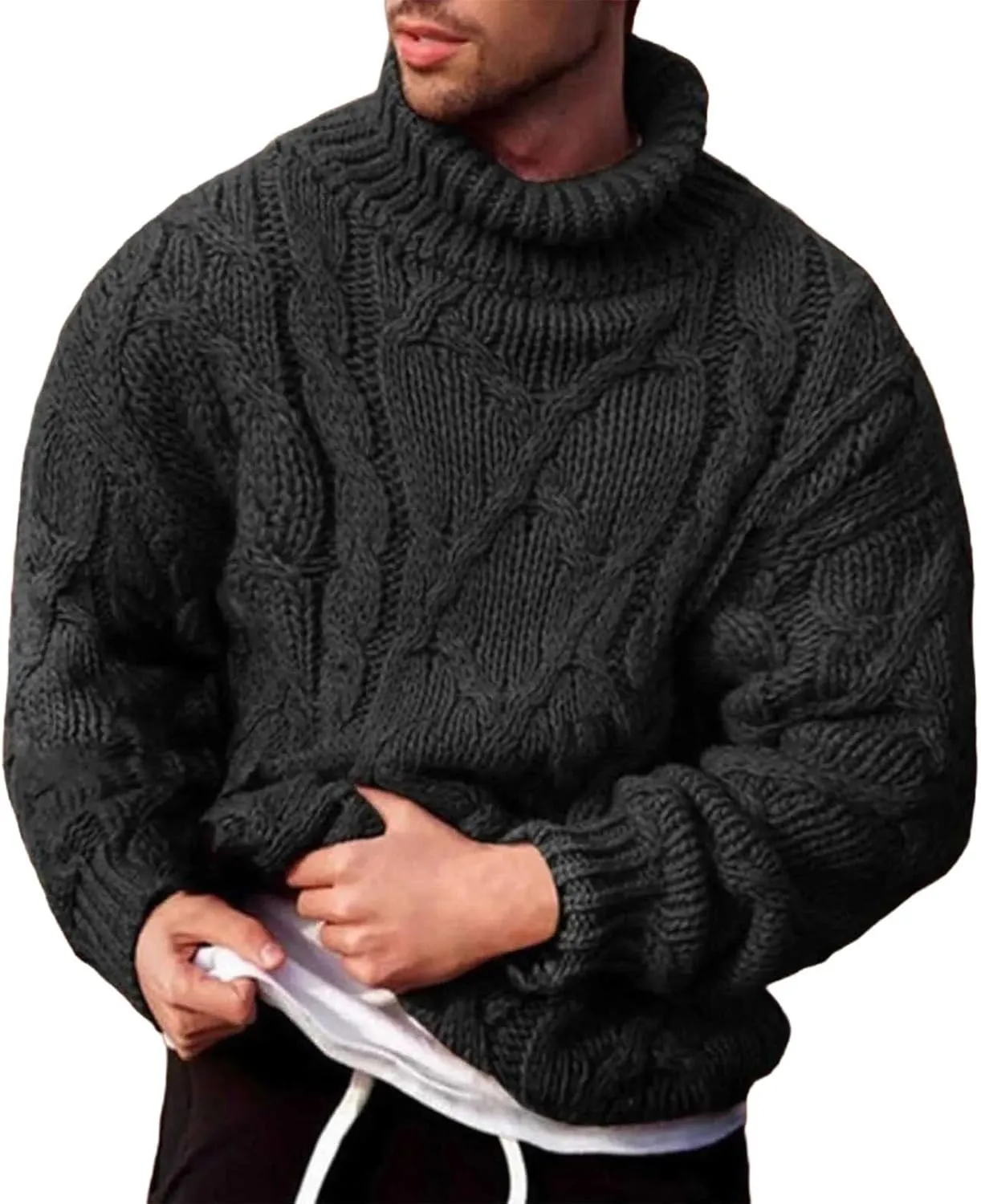 Fisherman Sweater Men's Turtleneck Chunky Knit Pullover Sweater Solid Color Pattern Sweater