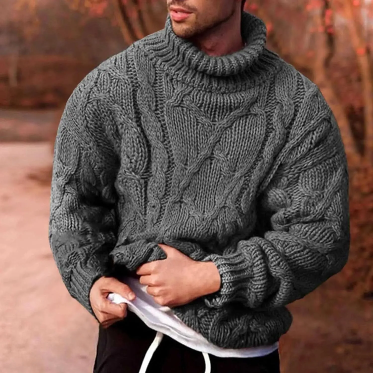 Fisherman Sweater Men's Turtleneck Chunky Knit Pullover Sweater Solid Color Pattern Sweater