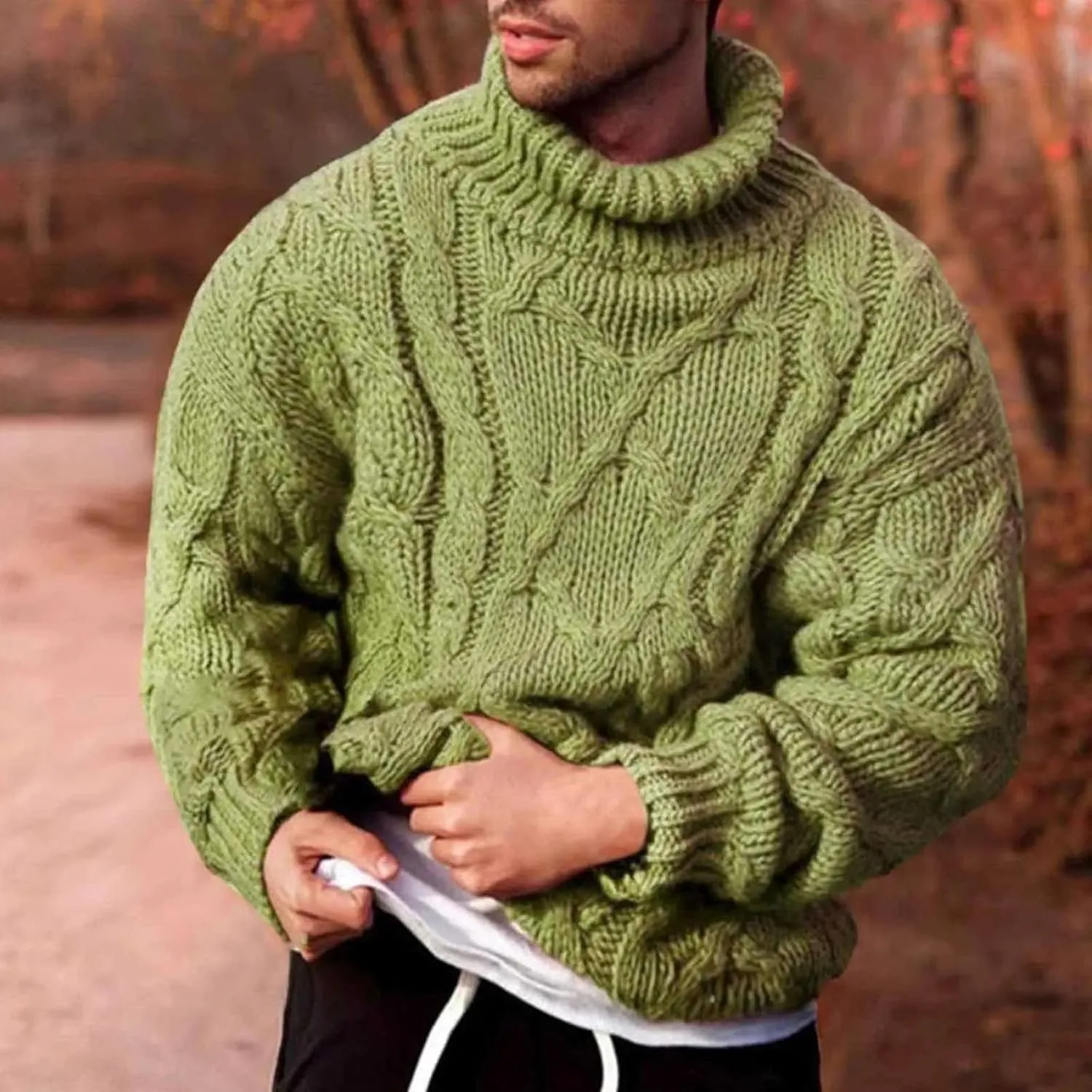 Fisherman Sweater Men's Turtleneck Chunky Knit Pullover Sweater Solid Color Pattern Sweater