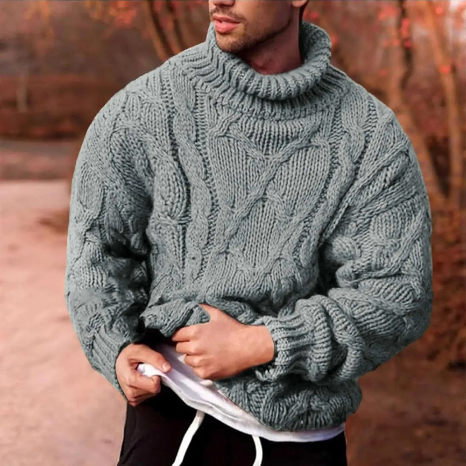 Fisherman Sweater Men's Turtleneck Chunky Knit Pullover Sweater Solid Color Pattern Sweater