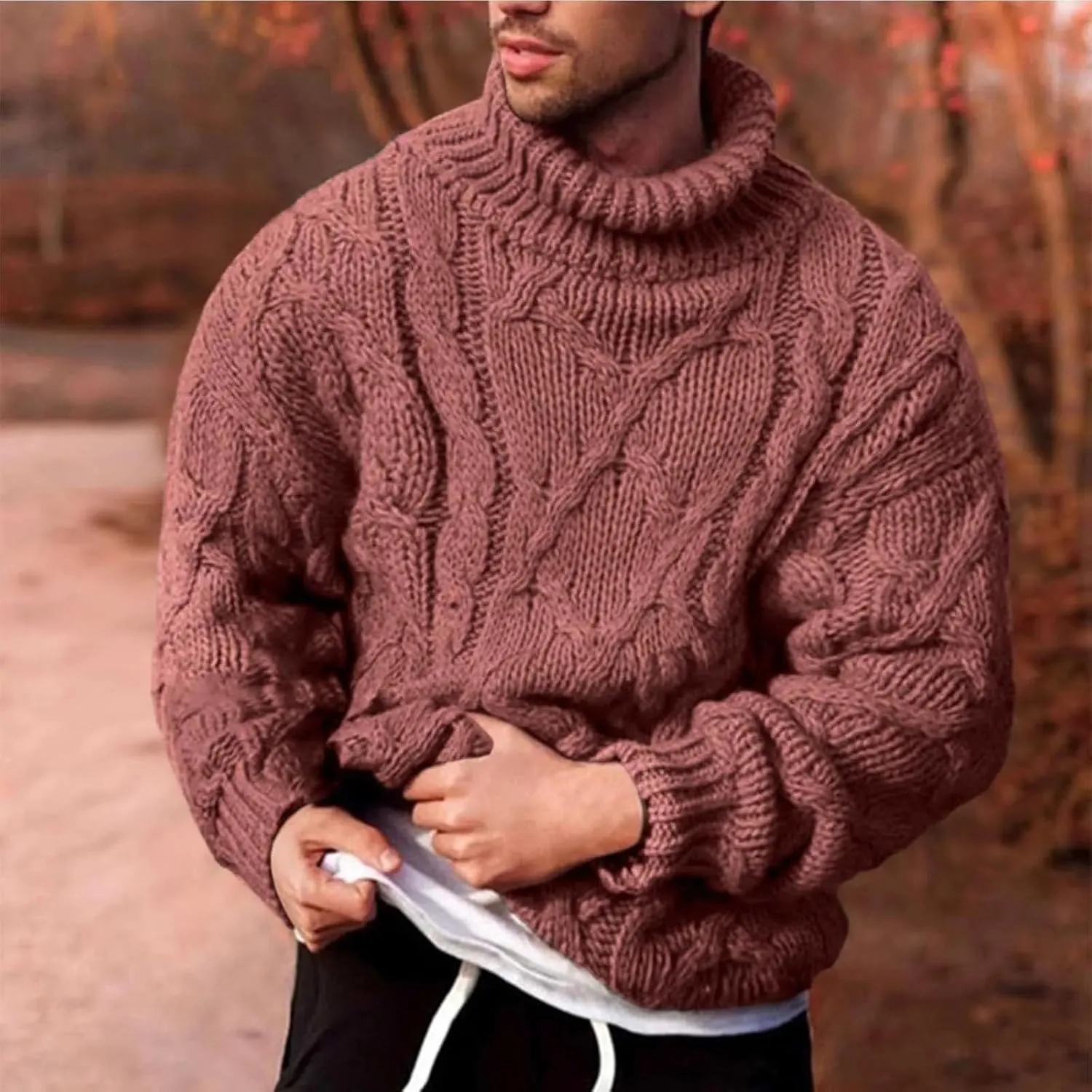 Fisherman Sweater Men's Turtleneck Chunky Knit Pullover Sweater Solid Color Pattern Sweater