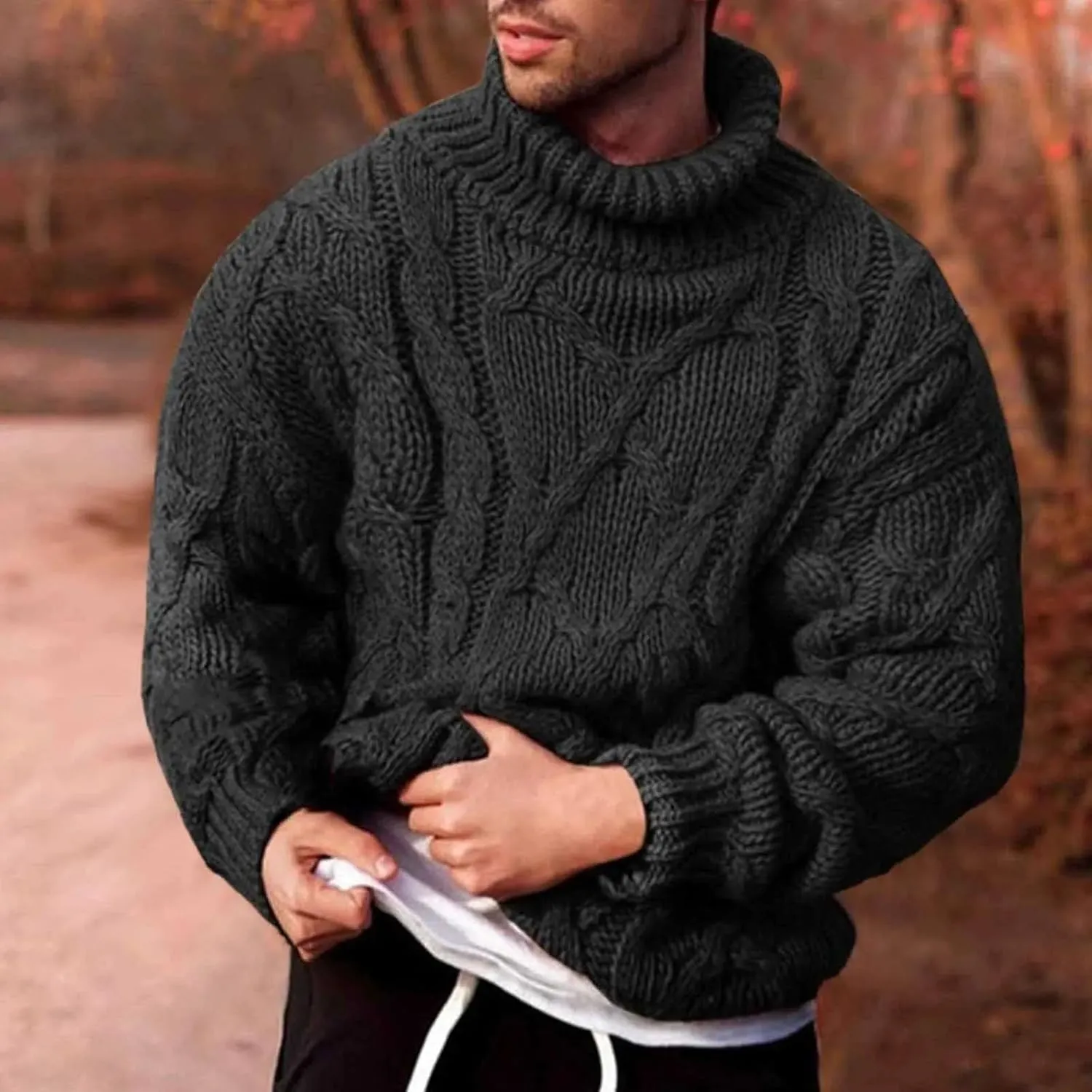 Fisherman Sweater Men's Turtleneck Chunky Knit Pullover Sweater Solid Color Pattern Sweater