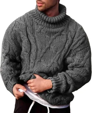 Fisherman Sweater Men's Turtleneck Chunky Knit Pullover Sweater Solid Color Pattern Sweater