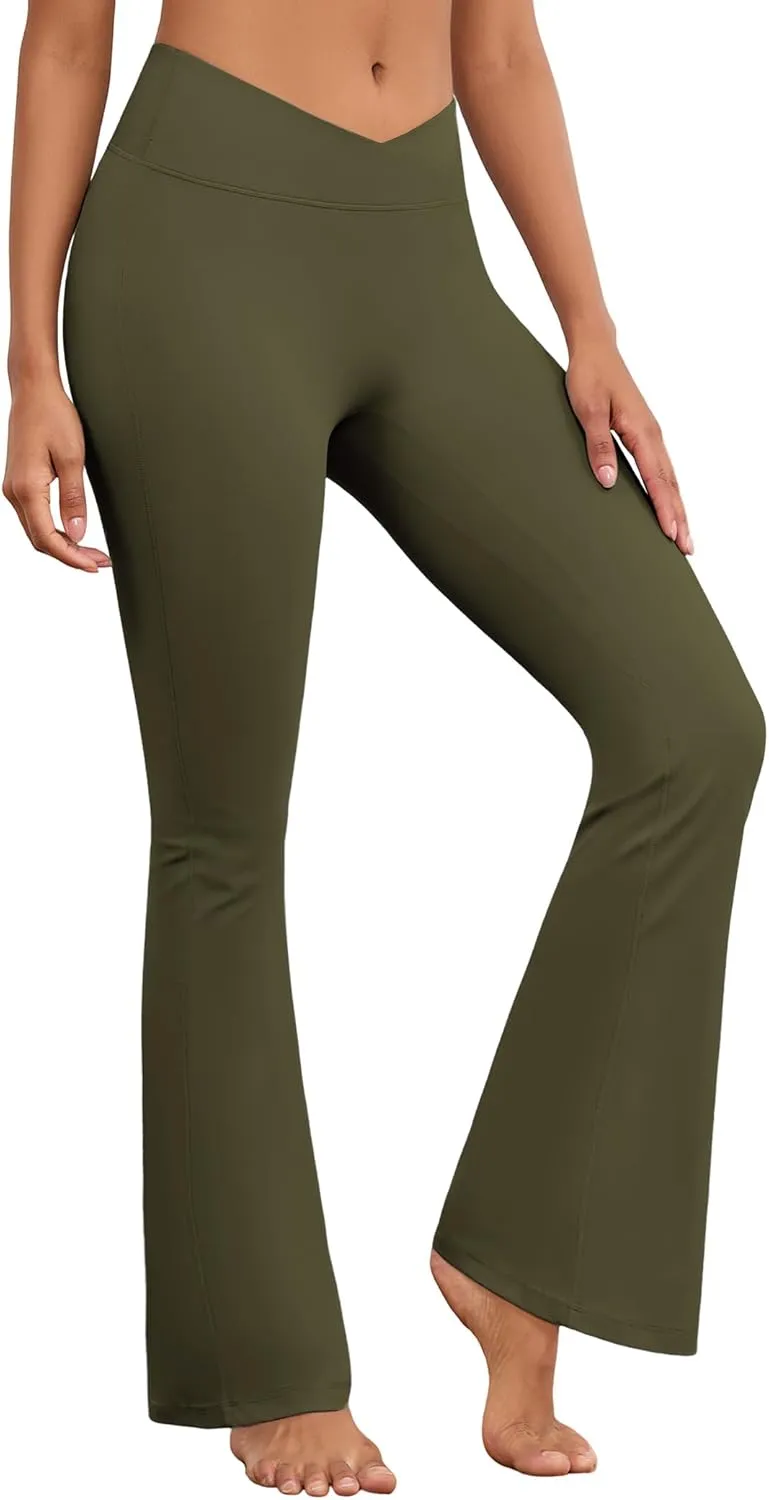Flare Wide Leg Yoga Pants Boot Cut Bell Bottom Crossover Tummy Control Workout High Waist Leggings for Women Army Green