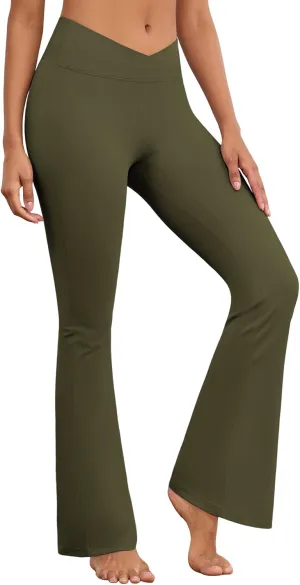Flare Wide Leg Yoga Pants Boot Cut Bell Bottom Crossover Tummy Control Workout High Waist Leggings for Women Army Green