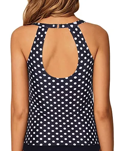 Flattering Halter Bathing Suit Top High Neck Tankini Top-Black Dot