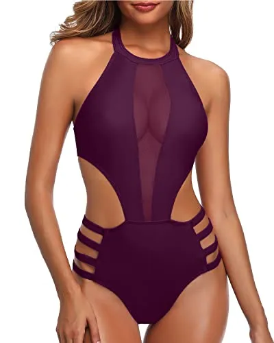 Flattering Mesh Swimsuit Sexy One Piece Bathing Suit For Women-Maroon
