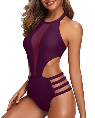 Flattering Mesh Swimsuit Sexy One Piece Bathing Suit For Women-Maroon