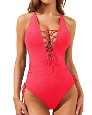 Flattering Plunge V Neck Swimsuit Women's Lace Up One Piece Bathing Suit with Tummy Control